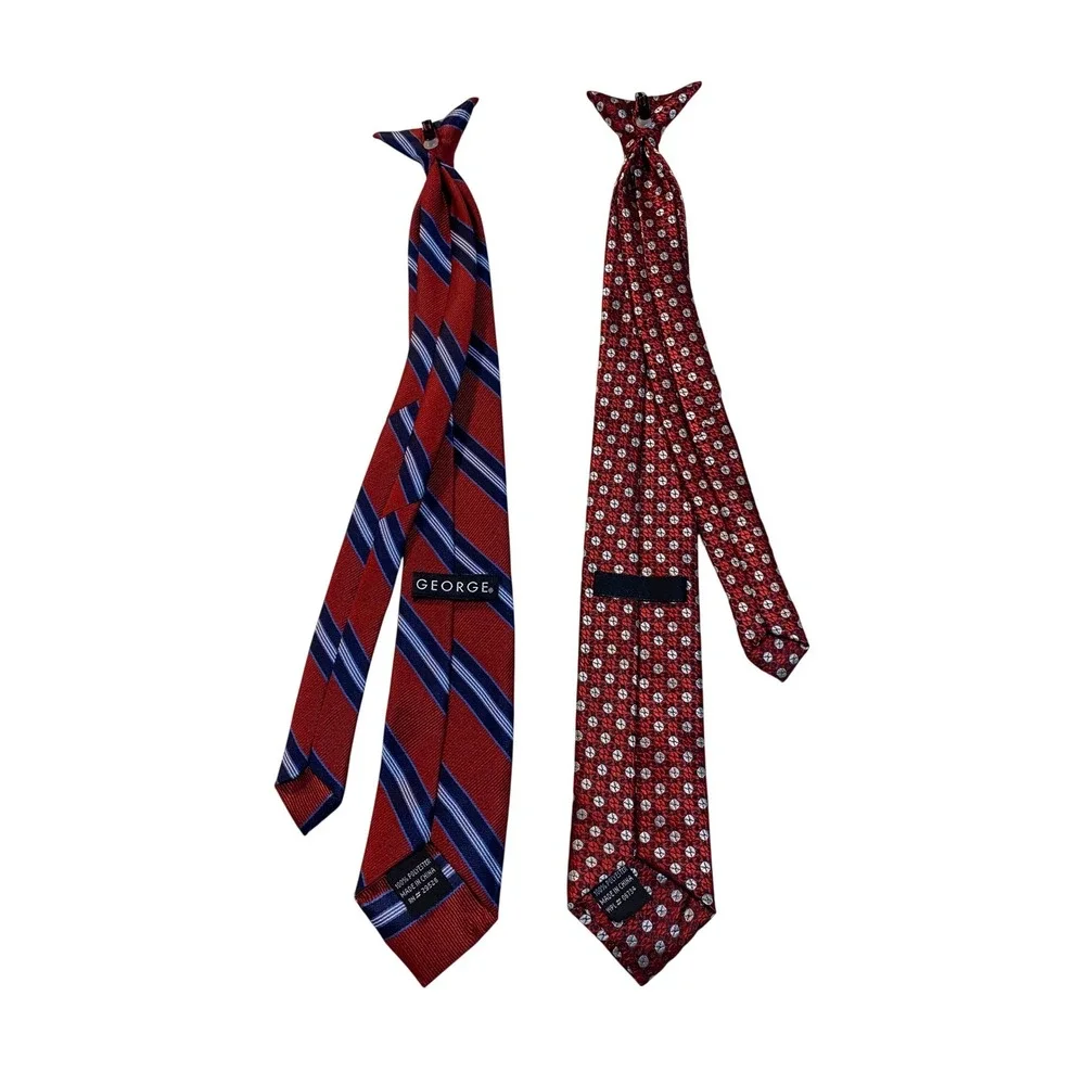 George Boys Clip On Tie Set Red Striped Geometric Pattern‎ Polyester
